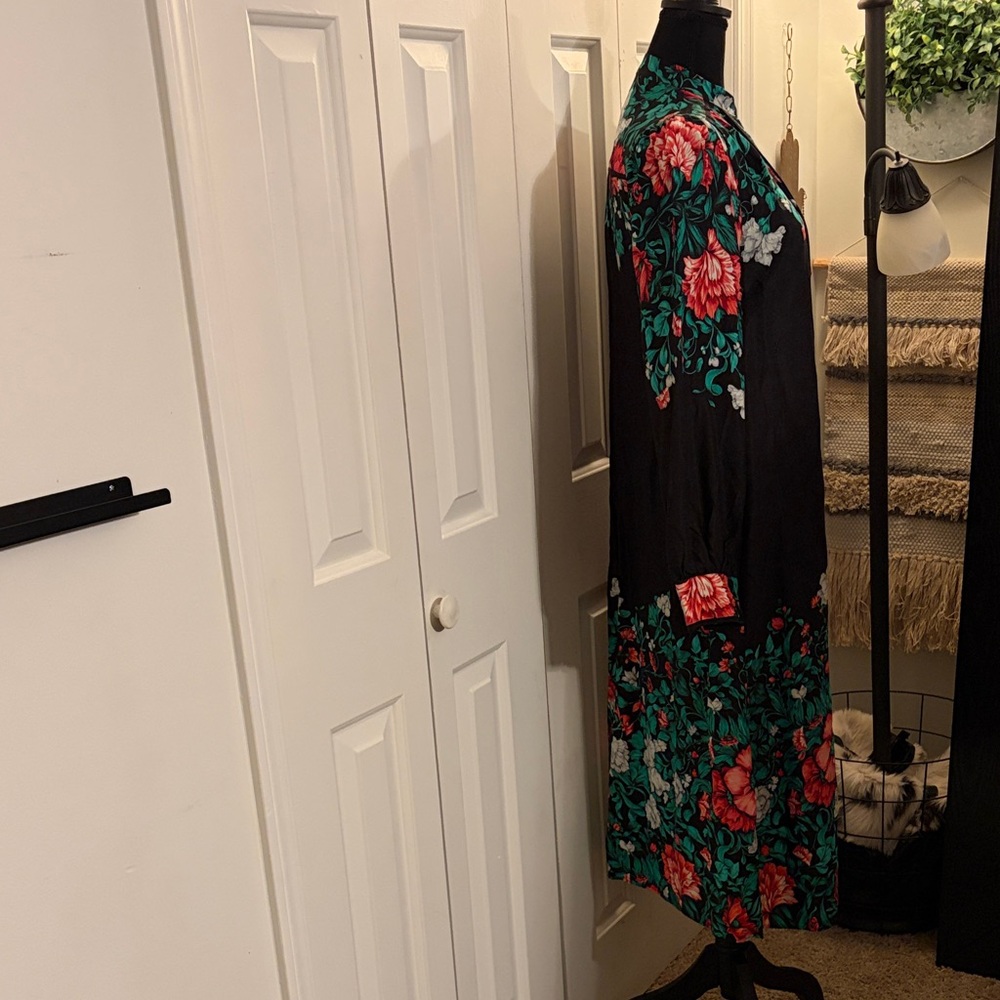Anthropologie Black Midi Dress with Red and Green Floral Design - Picture 3 of 8